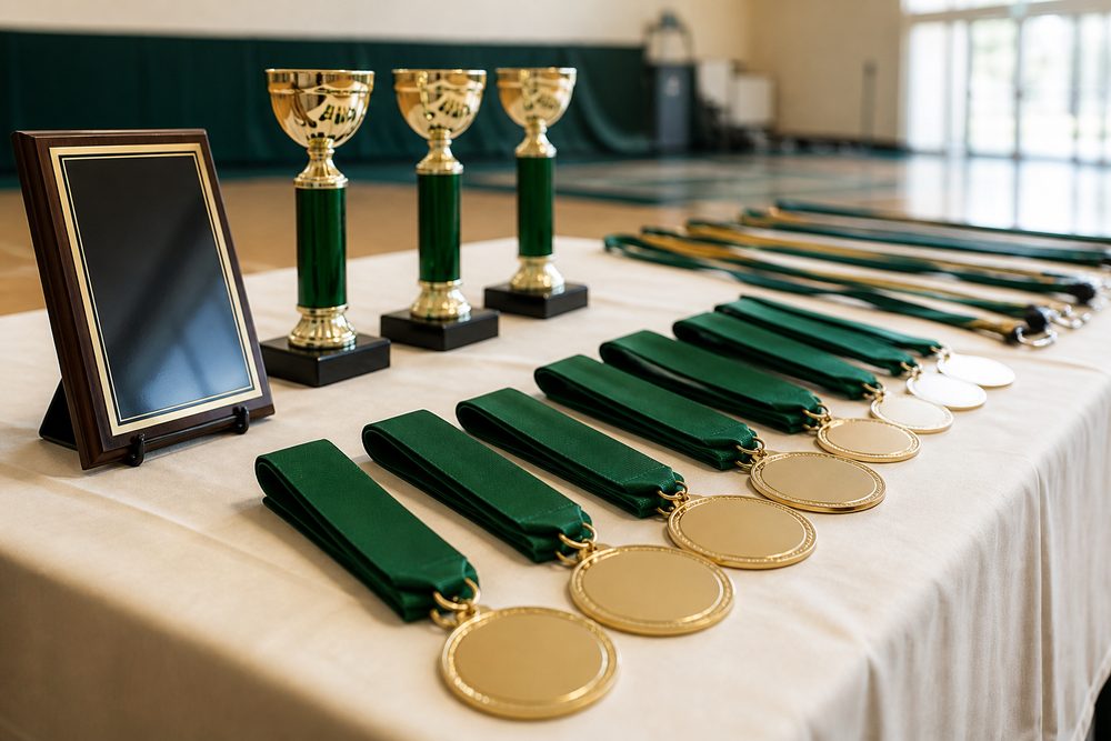 Sports event awards table with medals, green ribbons, trophies, and plaques